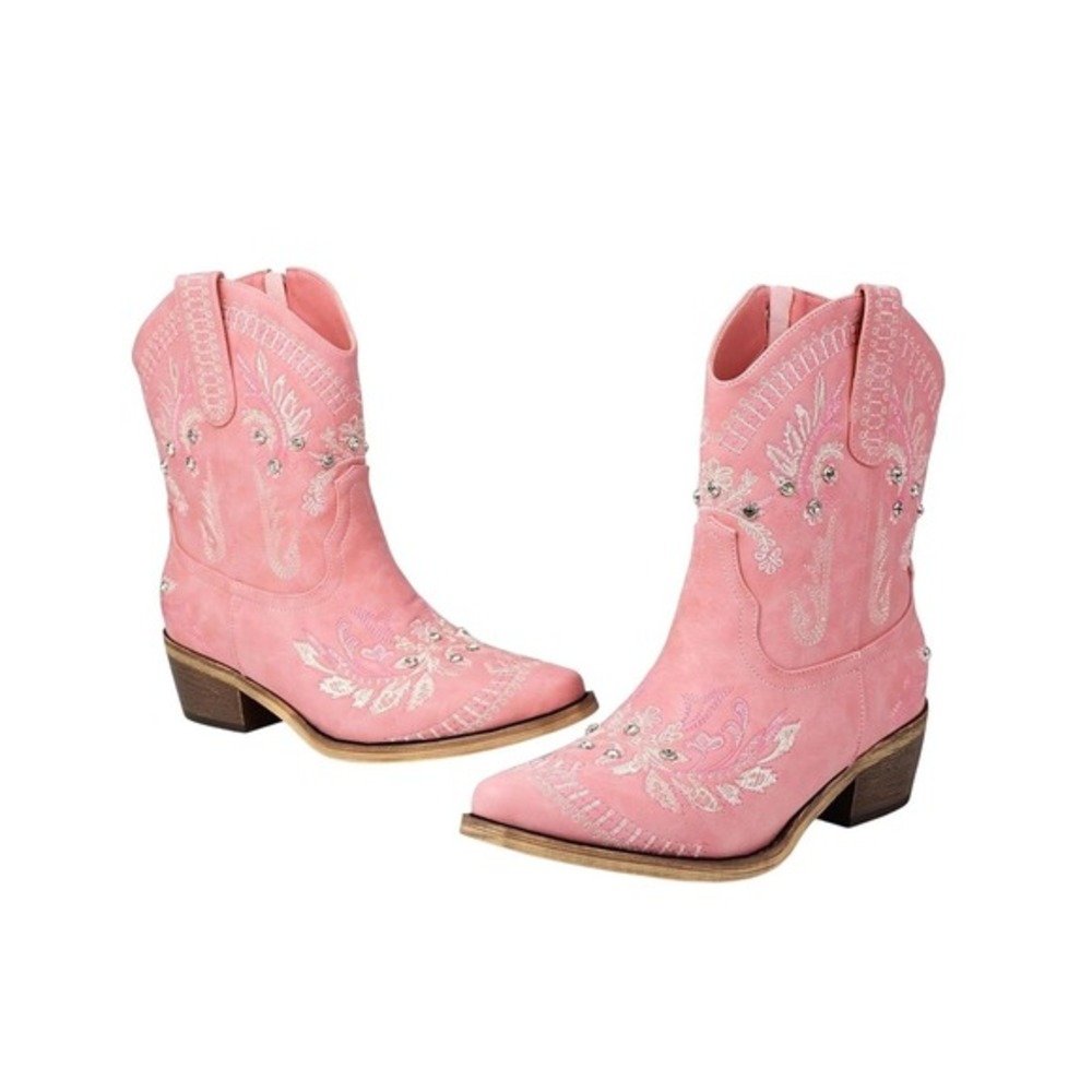 Crush Candy Pink Western Cowboy‎ Ankle Boots Sparkly Rhinestone Vegan Leather 10
